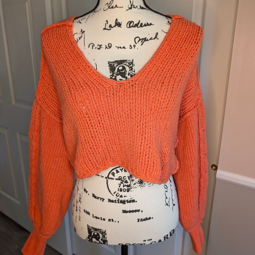 We The Free Orange V-Neck Sweater Chunky Knit